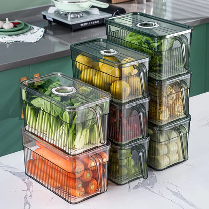 Stackable transparent produce keeper containers filled with fruit and vegetables