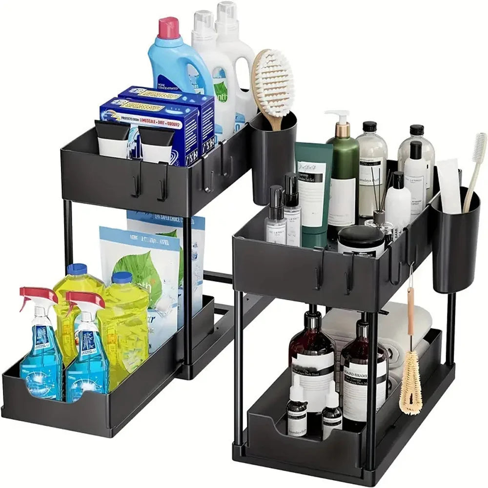 Black two-tier pull-out under-sink organiser holding cleaning products and accessories.