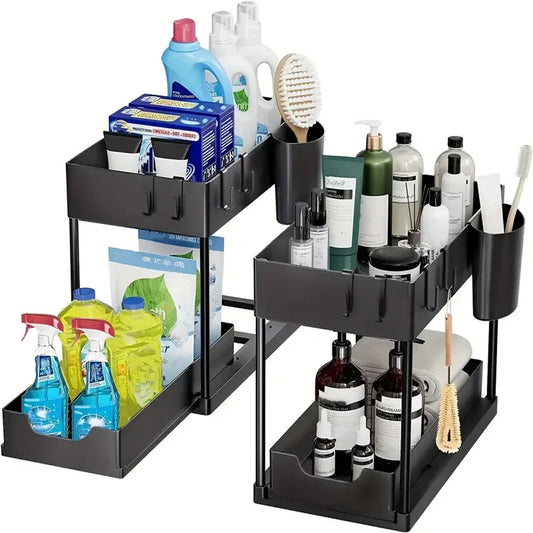 Black two-tier pull-out under-sink organiser holding cleaning products and accessories.