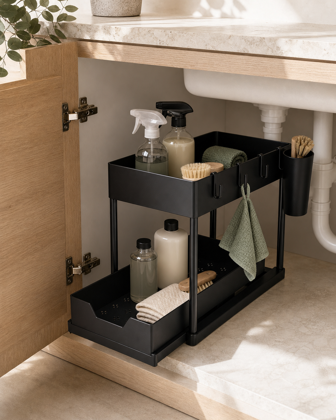 Ordessa Two-Tier Under-Sink Organiser with Hooks