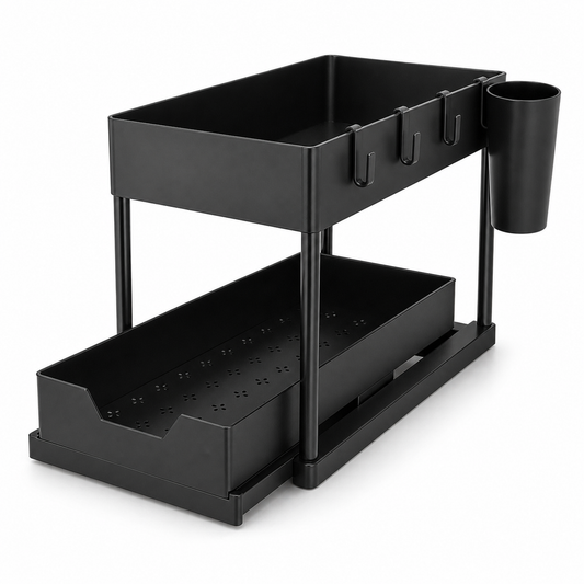 One black two-tier pull-out under-sink organiser with four hooks and one removable side cup on a white background