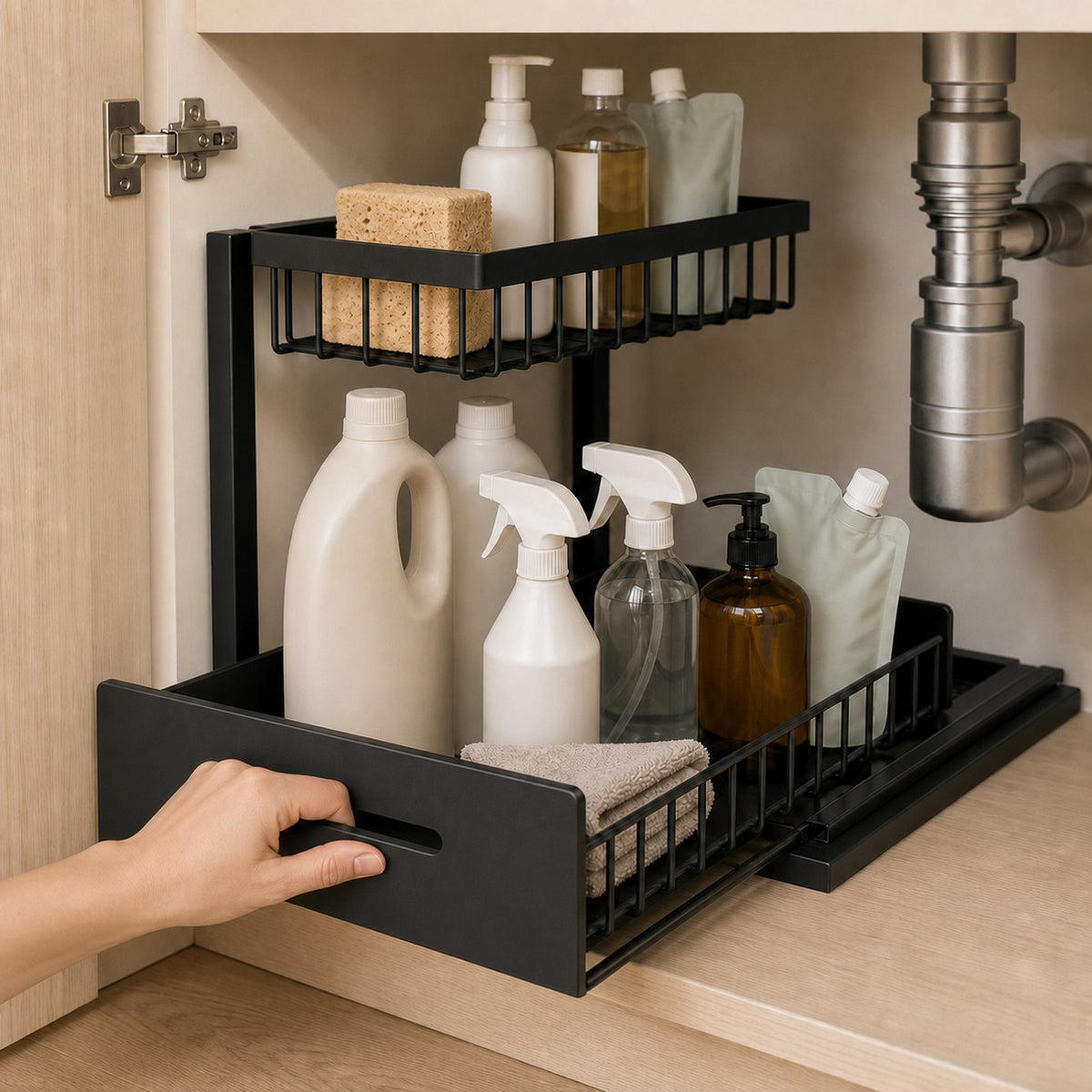 Wide view of the metal organiser fitted around plumbing inside an under-sink cabinet